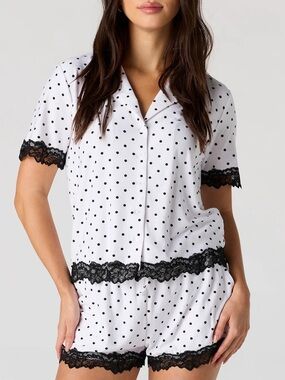 White and Black Polka Dot Lace-Trim Short Pajama Set